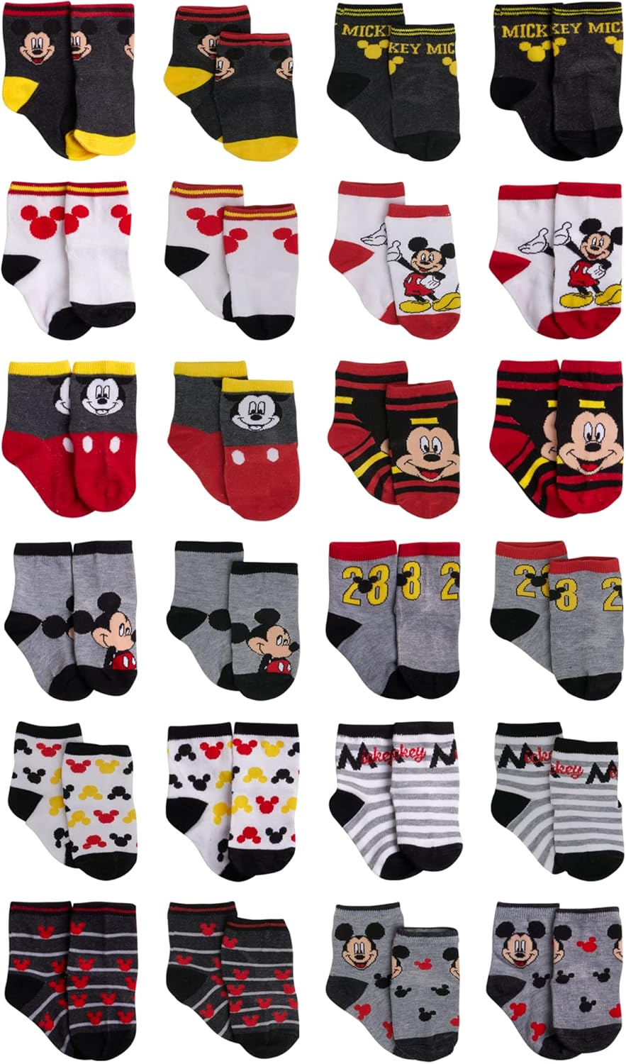 Disney Calcetines de Mickey Mouse para bebés y niños paquete de 24 calcetines para recién nacidos para bebés tamaño 0-24 meses