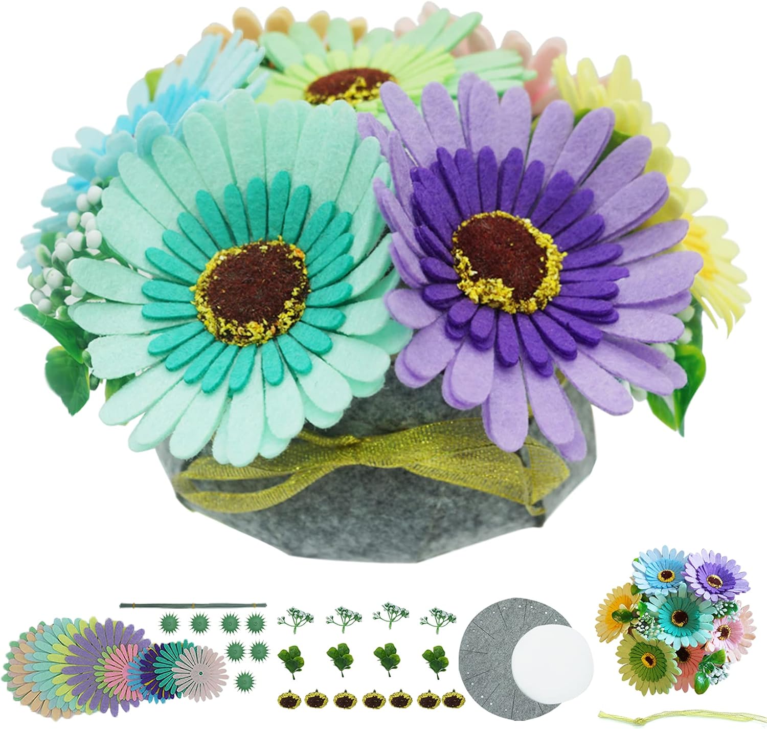 BAZIMA DIY Felt Flower Art Craft Kit, DIY Felt Sunflower and Chrysanthemum Bouquet Kit, 7pcs Felt Flowers,Floral Gifts,Beginner Craft Kit,Arrange Pre-Cut Felt Flowers and Foliage