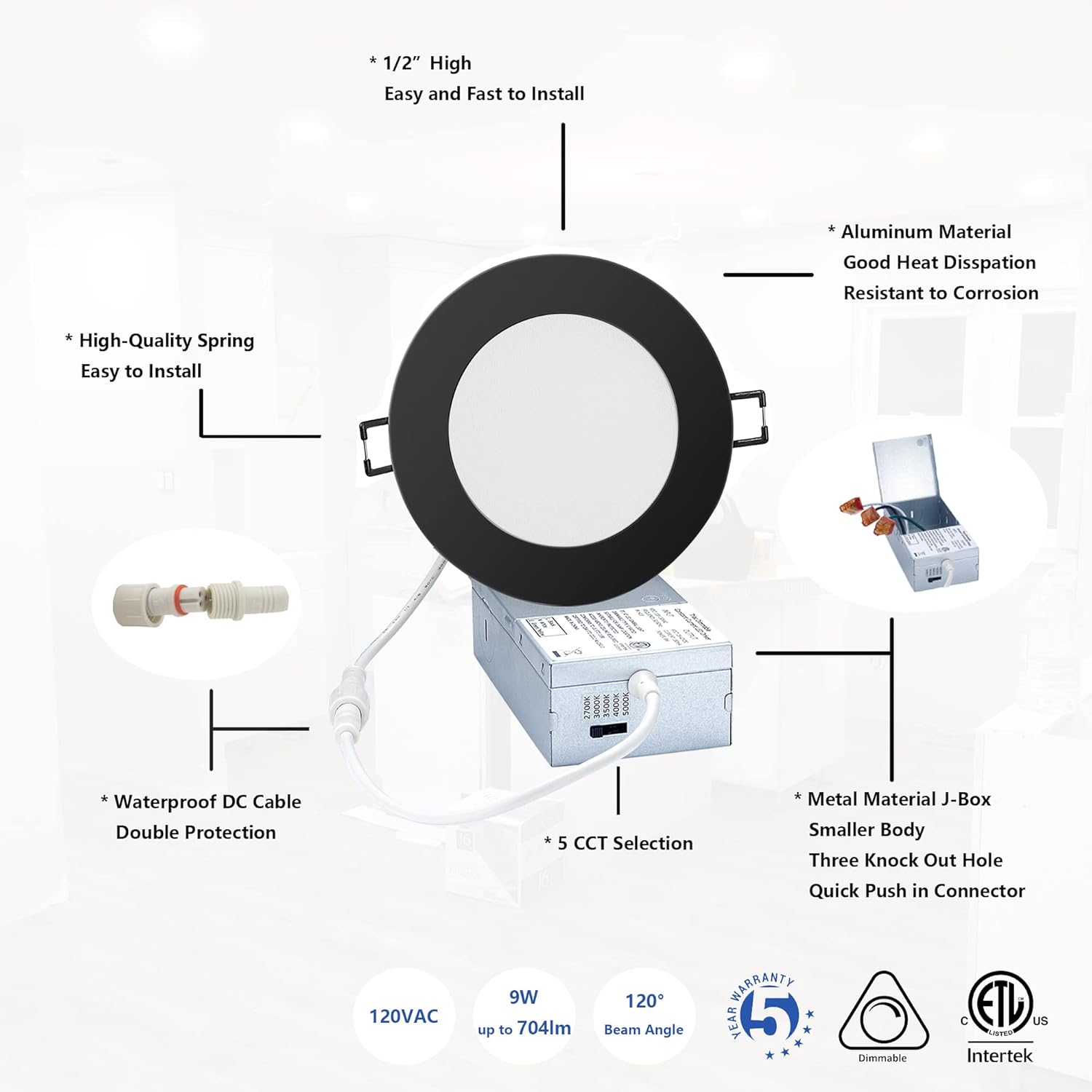 Premium LED-Canless Recessed Lighting 4-inch 5 CCT Adjustable Dimmable Recessed Downlight Fixture, Ceilling Light with Junction Box, 2700-5000K, 9W, Black Finish, 6 Pack