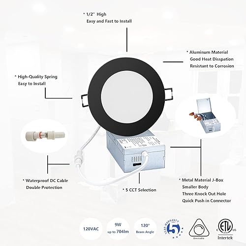 Miniatura 4 de Iluminación LED empotrable prémium de 4 pulgadas, 5 CCT, ajustable, regulable, empotrable, lámpara de techo con caja de conexiones, 2700-5000K, 9W,