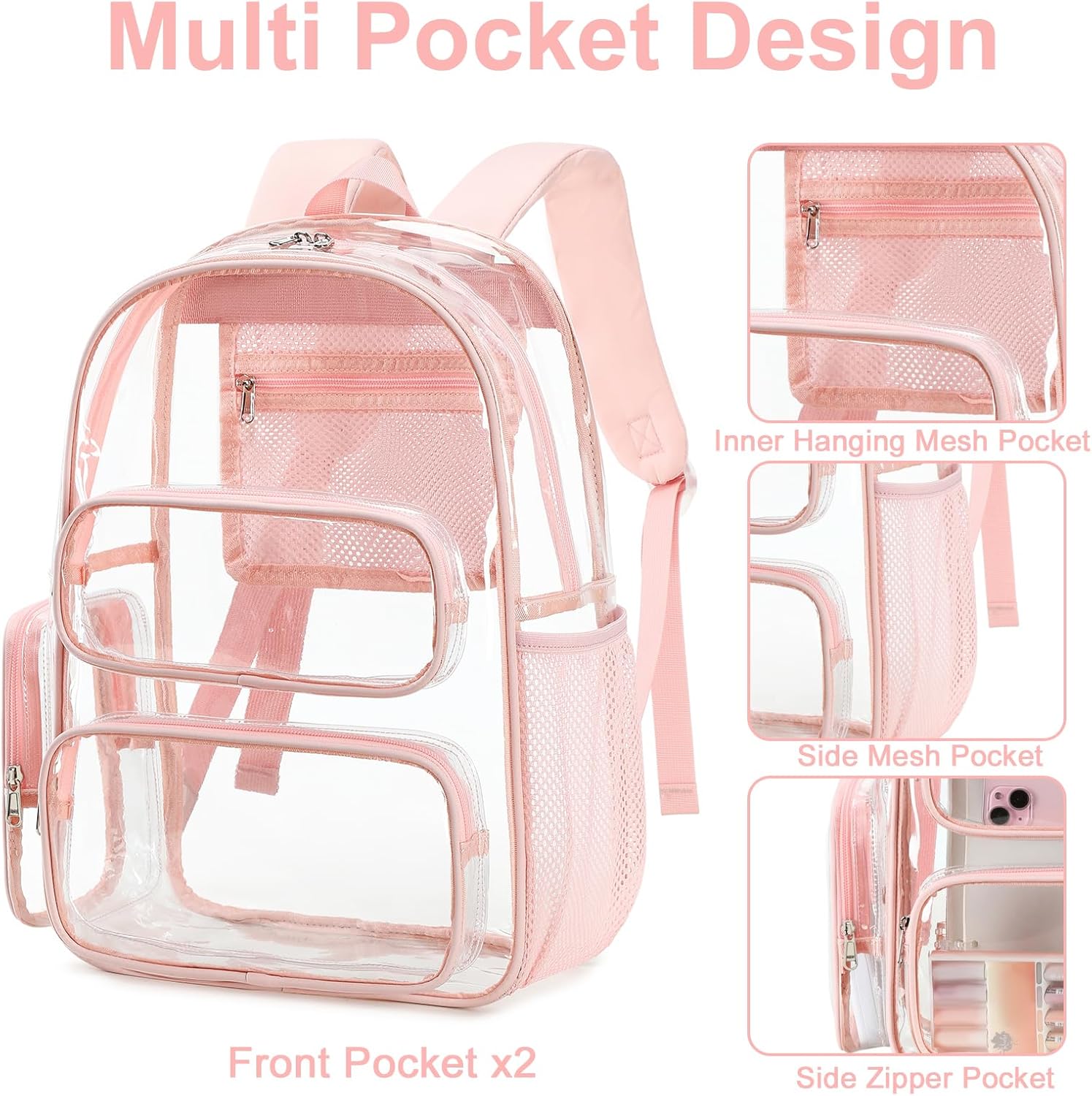 BTOOP Clear Backpack Heavy Duty Transparent Backpack 17" See Through Bookbag for College Work Festival Security Padded Strap (Pink)