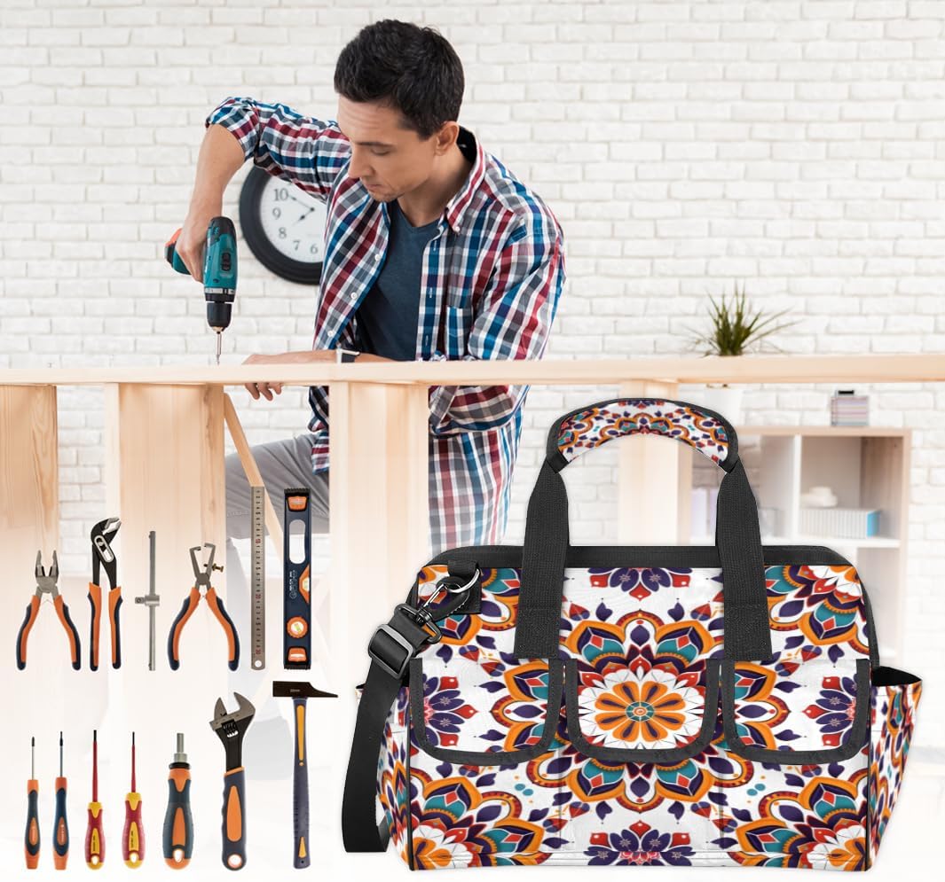Floral Mandala Tool Bags for Men Women Multi-Pockets Wide Mouth Tool Organizer Storage Tote Bag Waterproof Stroage Bags with Adjustabe Shoulder Straper for Car Electrician Garden