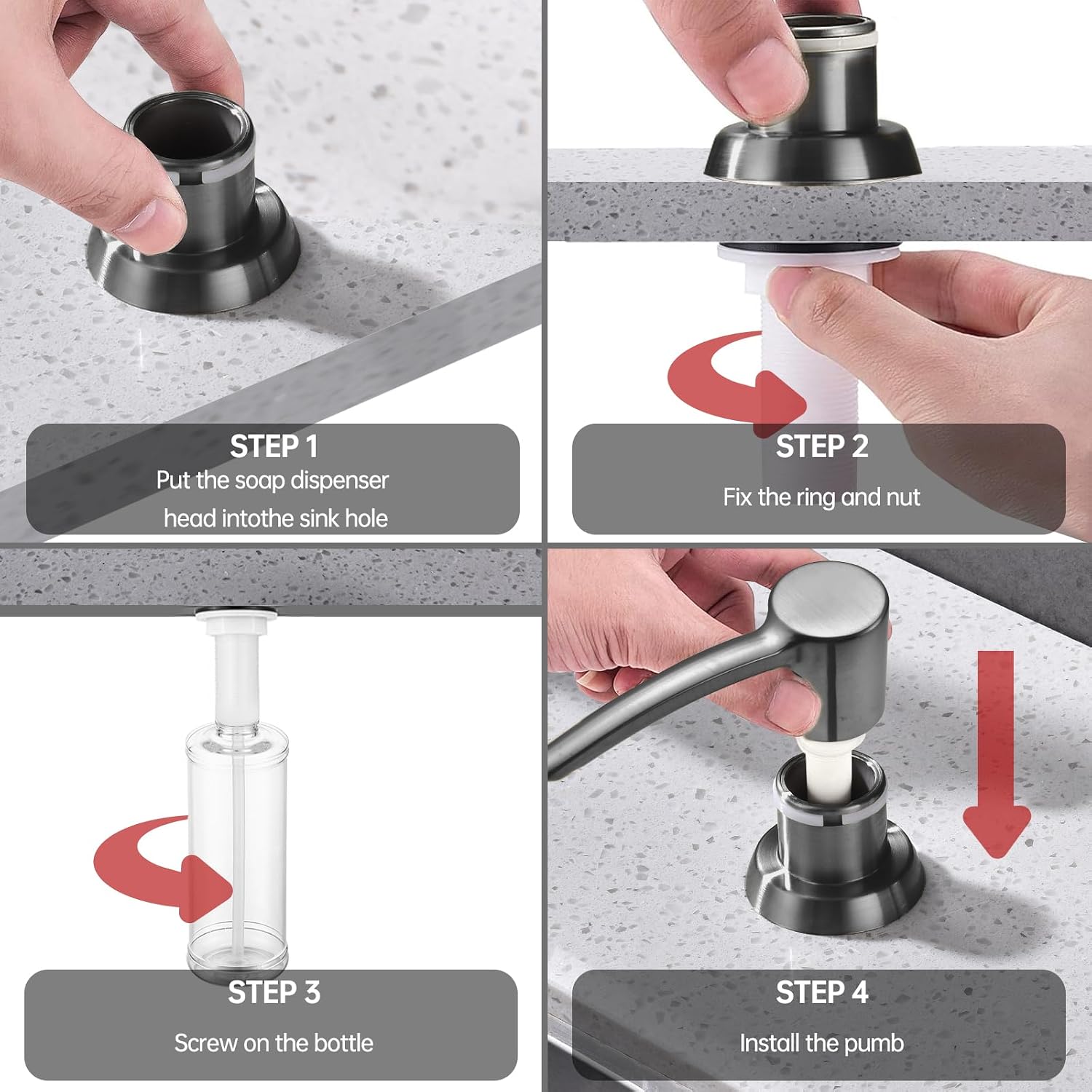 Kitchen Sink Soap Dispenser, Built in Countertop Dispenser with ABS Pump, Under Counter Refillable Bottle for Dish Soap and Hand Lotion, Gunmetal Gray