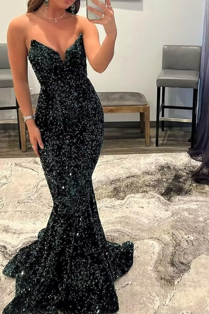 Amazon.com: Sequin Prom Dresses Long Deep V-Neck Sparkly Mermaid Evening  Formal Party Dress with FL0040-Black 2 : Clothing, Shoes & Jewelry
