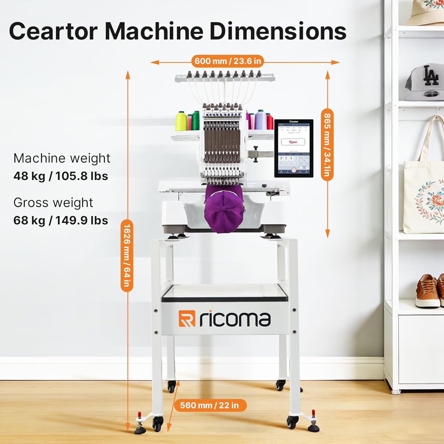 Ricoma Creator Upgraded 10-Needle Commercial Embroidery Machine, 1000SPM Max Speed, 10.1" Touch Screen, 15"x8.3" Embroidery Area, for Flat, Hat, T-Shirt & More