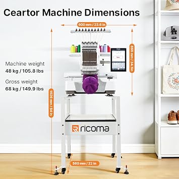 Ricoma Creator Upgraded 10-Needle Commercial Embroidery Machine, 1000SPM Max Speed, 10.1 Touch Screen, 15x8.3 Embroidery Area, for Flat, Hat, T-Shirt & More