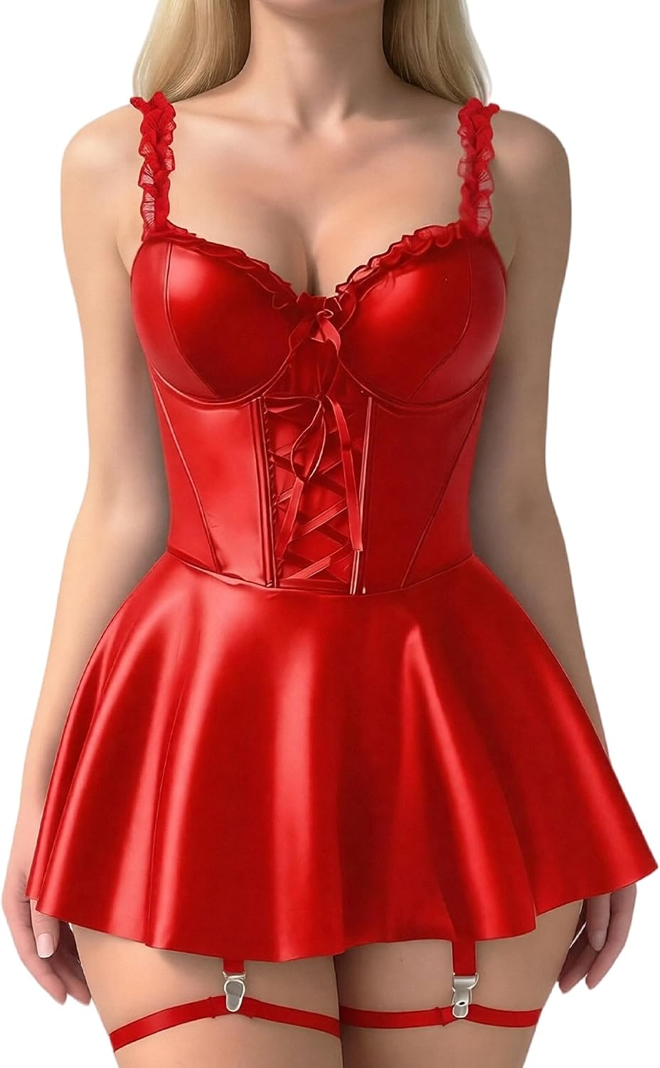 Women's PU Leather Sexy Mini Dresses Sleeveless Plus Size Lingerie Dress V Neck Lace Up Babydoll Dress