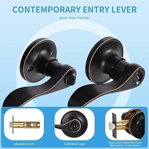 Miniatura 6 de Paquete de 4 manijas de puerta de entrada con llaves en acabado de bronce aceitado, manija de puerta con cerradura y llave, palancas de puerta