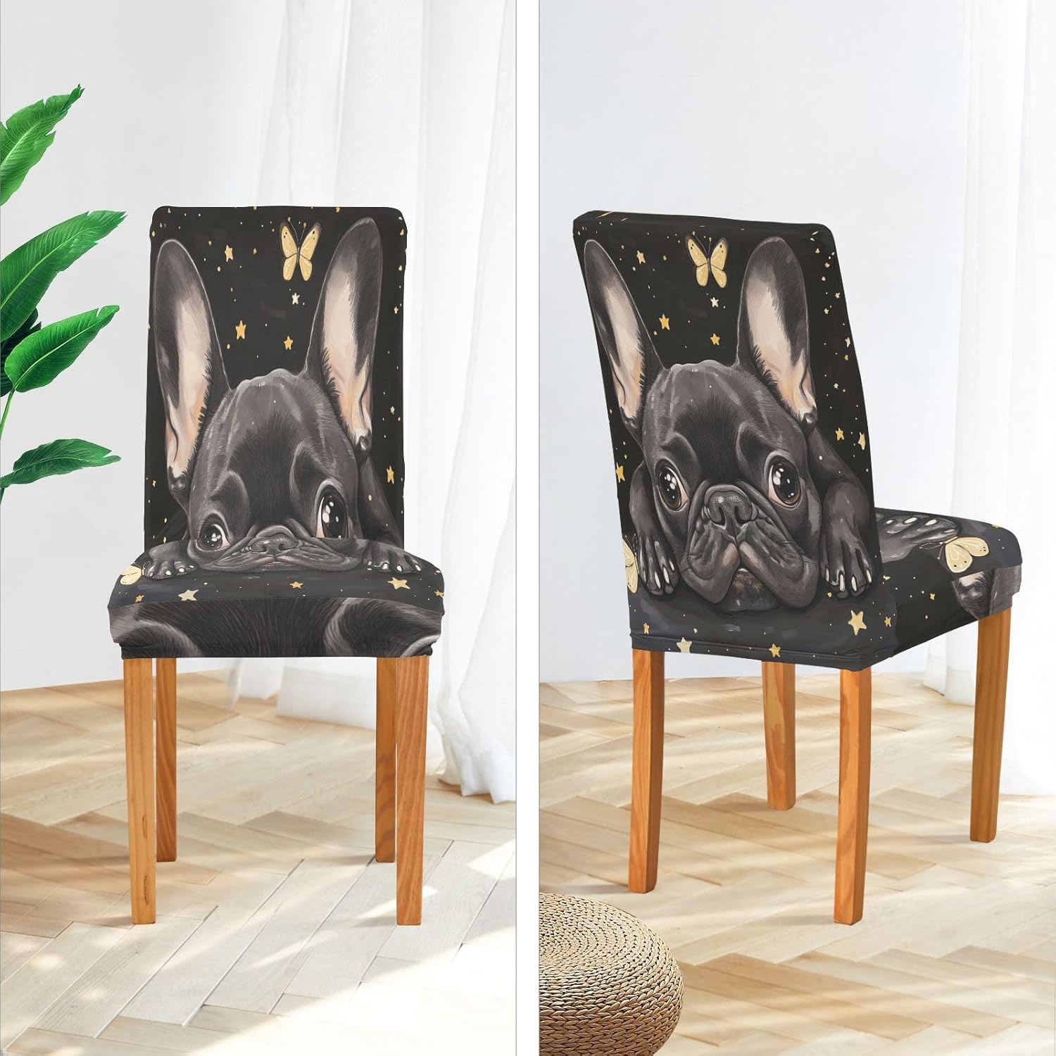 ALAZA Chair Covers for Dining Room, Cute French Bulldog with Butterflies Stars Stretch Chair Cover Sets Chair Protector Removable Washable for Ktichen Restaurant Hotel