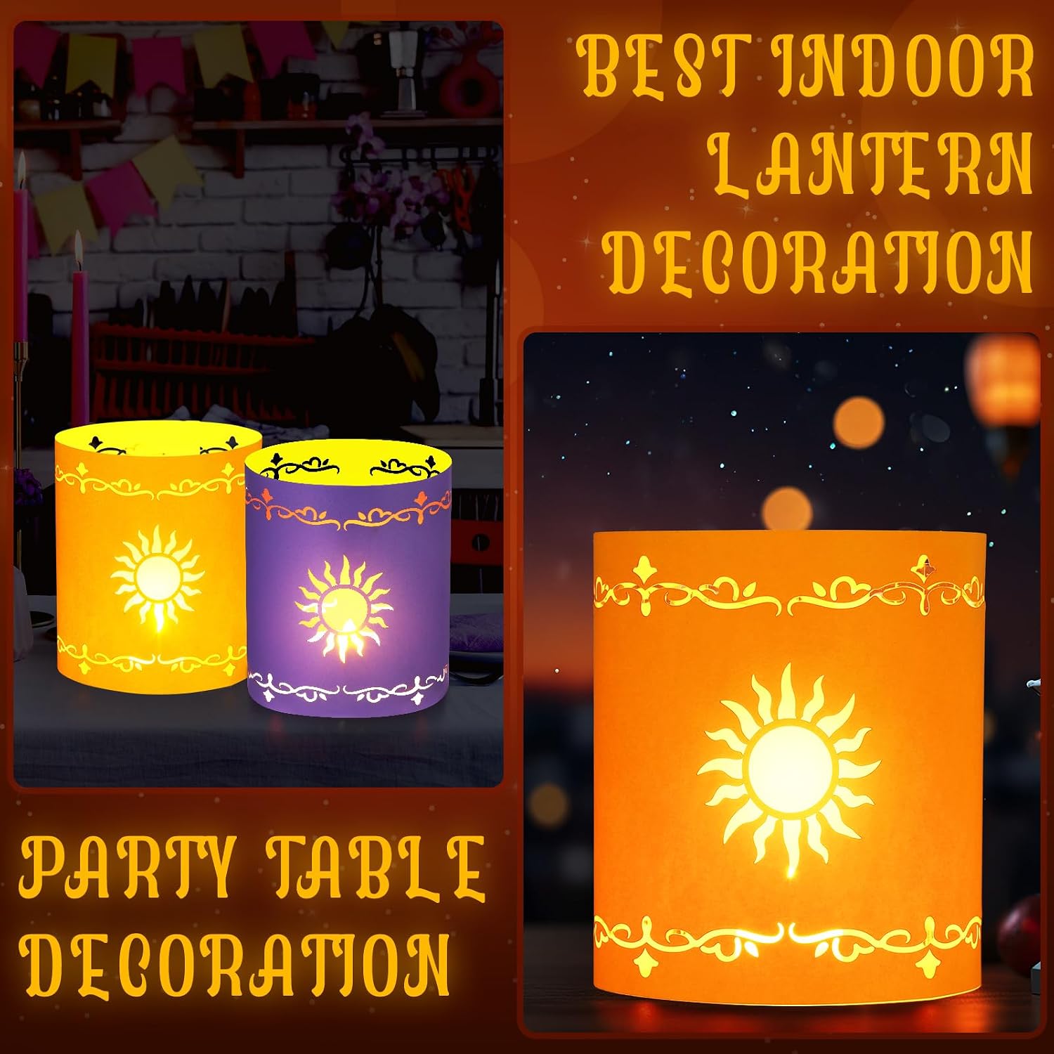 Fuyoooo 20 Set Paper Lantern with LED Candles for Centerpieces LED Tea Lights with Paper Bags Battery Operation for Princess Wedding Party, Halloween, Christmas Decoration(Yellow and Purple,Sun)