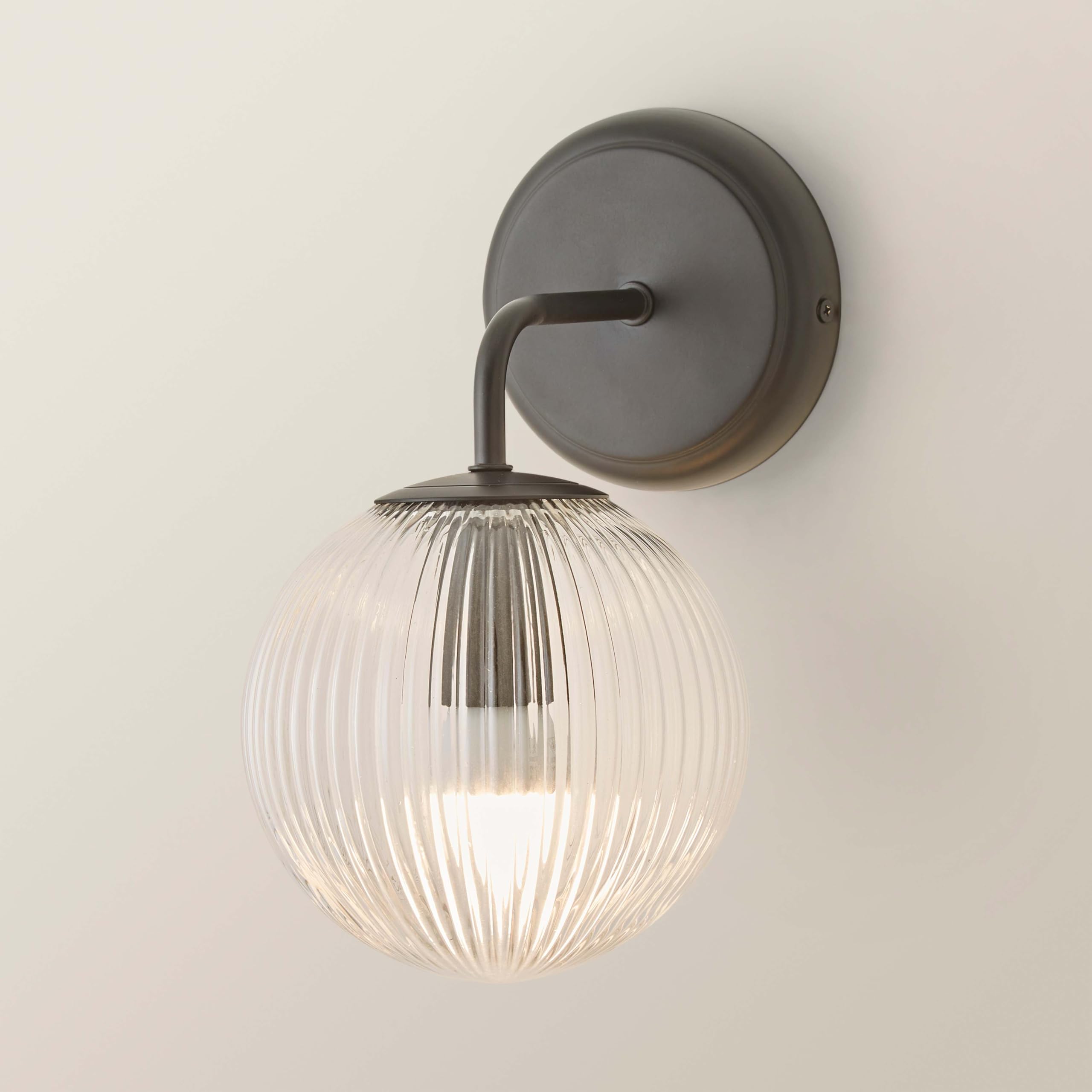 ValueLights | Kempton Matte Black Ribbed Glass Globe Shade Single Arm Wall Light with Bulb | Wall Lights, Home Décor & Improvement Essential | Mains Wired