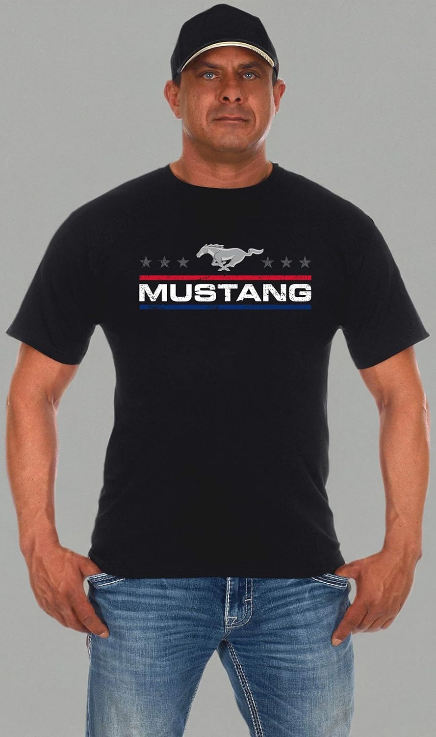 JH DESIGN GROUP Men's Ford Mustang Distressed Stars & Bars Crew Neck T-Shirt