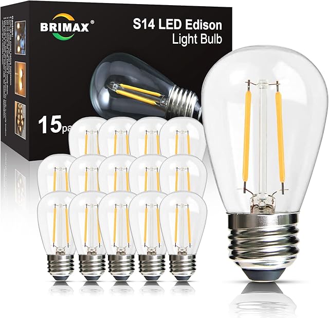BRIMAX e27 ciepła biała żarówka led, 2W odpowiednik 20W żarówki, 2700K zamiennik żarówki e27 do dekoracyjnych łańcuchów S14, lamp stołowych, żyrandola Sputnik itp, zestaw 15 sztuk