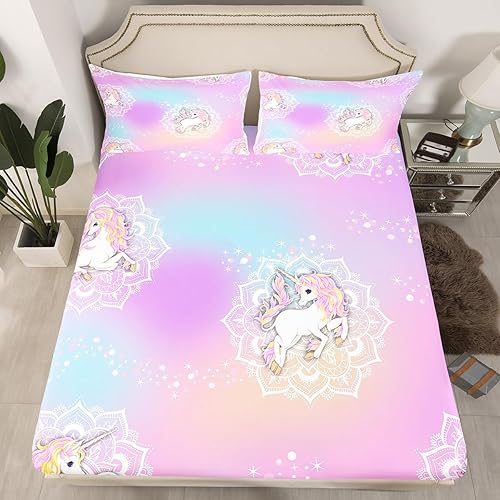 Juego de sábanas de unicornio arcoíris para niñas, sábana bajera ajustable con purpurina rosa, tamaño individual, galaxia brillante, juego de ropa
