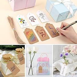 SallyFashion 200pcs Gift Tags with String Attached, 2x4 inch Kraft Paper Hang Tags for Clothes DIY Crafts Wedding Holiday (Brown White)