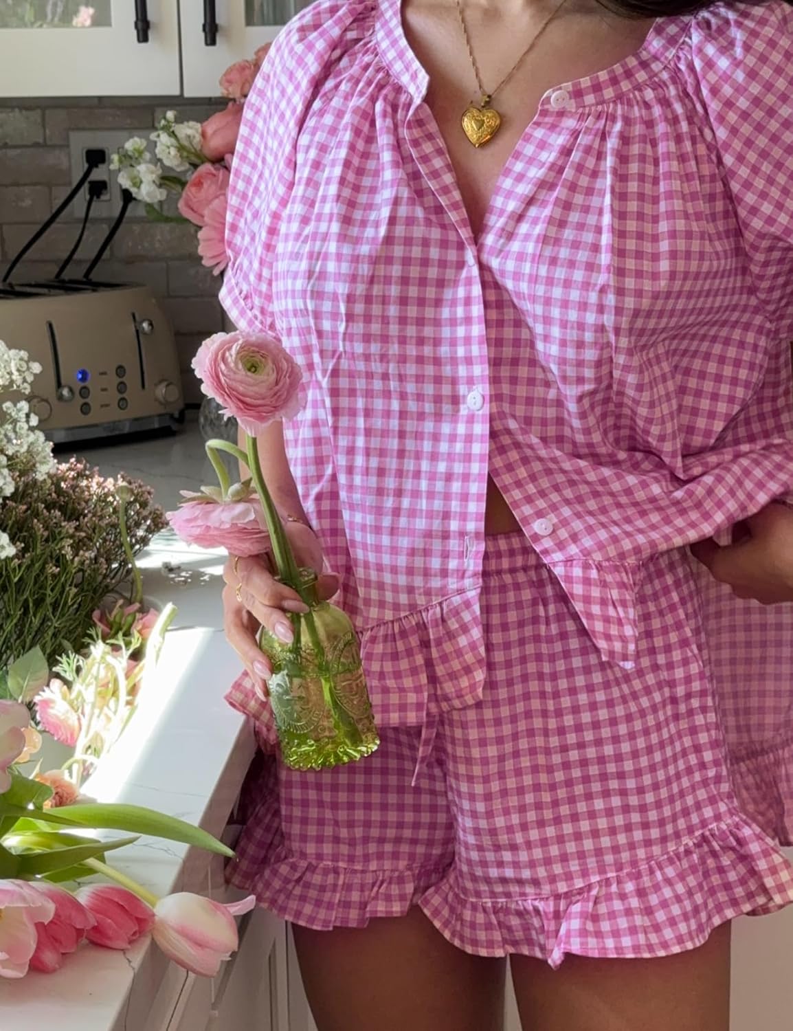 Yimoon Womens Gingham Pajamas Set Plaid Cotton Pj Set Puff Sleeve Ruffle Babydoll Shirt Shorts Summer 2 Piece Outfits - Image 5