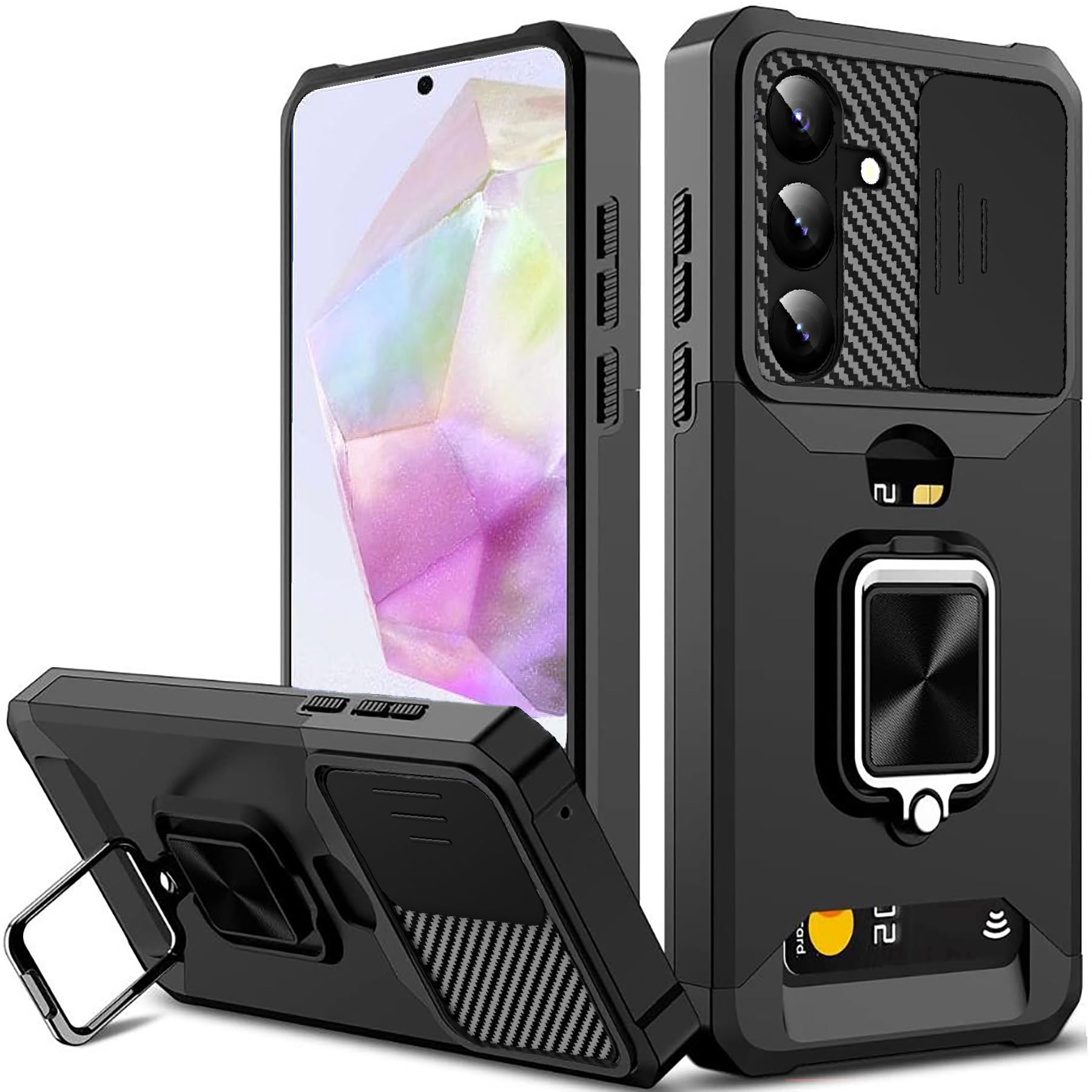 rojarou For Samsung A35 Case with Card Holder, for Sumsung Galaxy A35 Case with Slide Camera Cover and 360° Rotate Ring Kickstand Heavy Duty Protective Phone Case for Samsung A35 Cover 5G-Black
