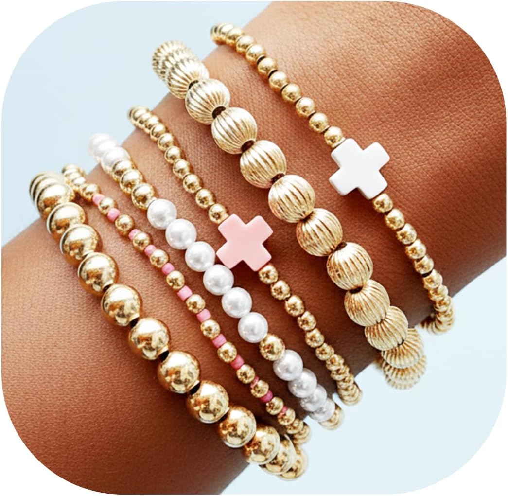 Gold Cross Beaded Charm Bracelets for Women Bracelet Stack Pearl Trendy Non Tarnish Dainty Boho Preppy Bracelets Jewelry Gift Accessories