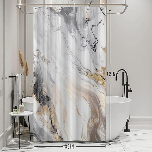 Miniatura 6 de Ruelvth Cortina de ducha pequeña, diseño de mármol blanco y gris, moderno, abstracto, impermeable, juego de cortina de ducha con ganchos, 36 x 72