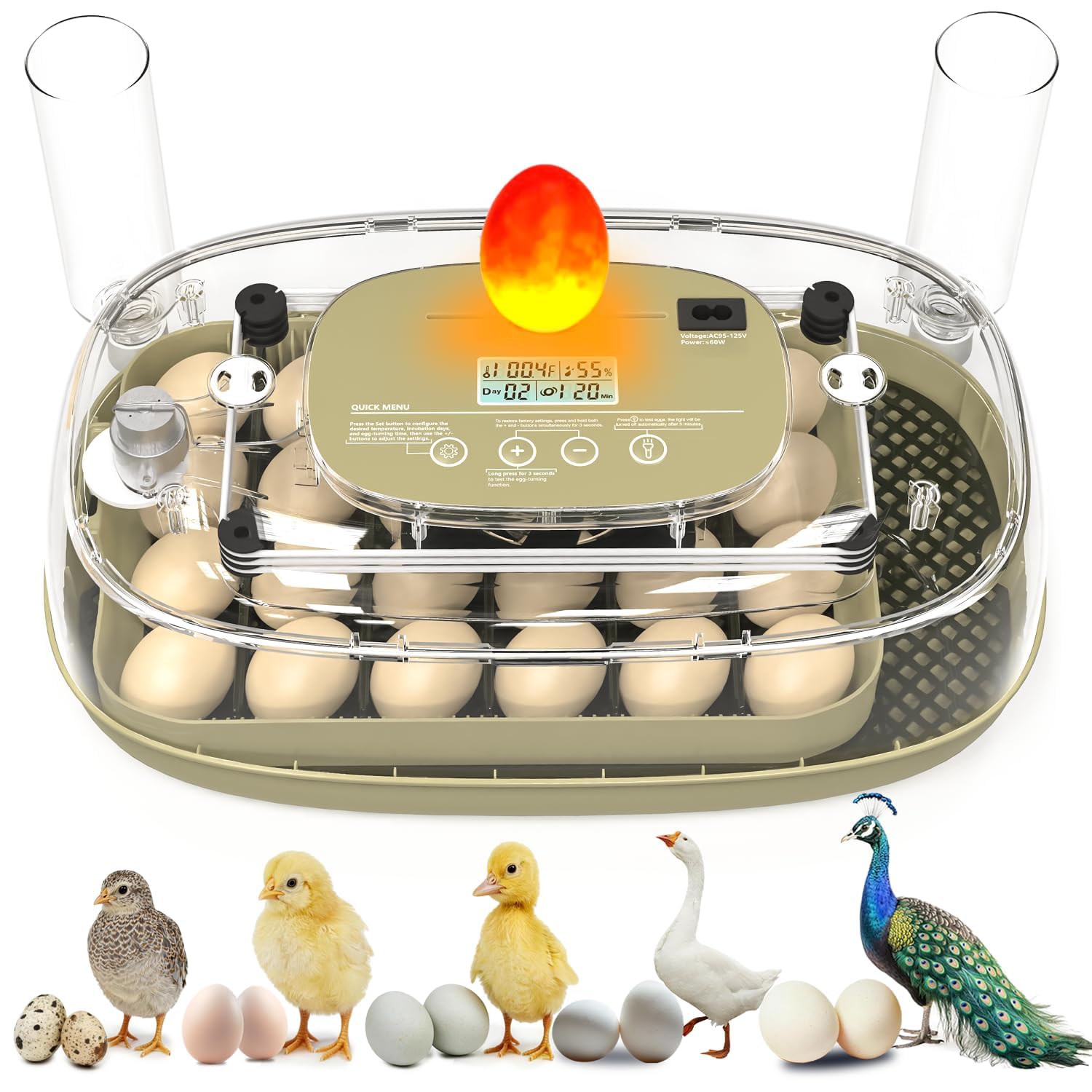 Incubadora para incubar 24 huevos, capacidad de huevos, volteador automático de huevos y nuevo sistema de control de humedad de precisión automático, visión clara de 360° para pollo, pato y codorniz