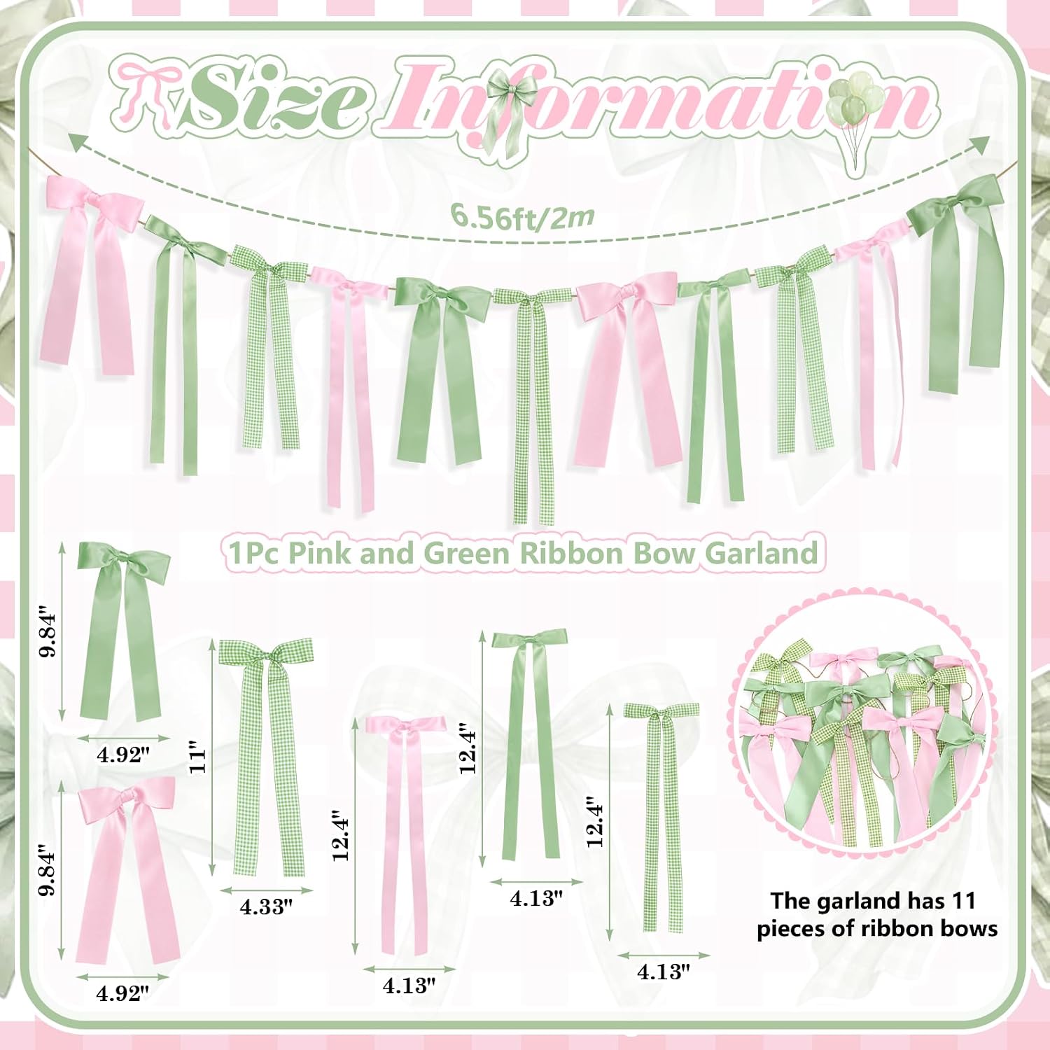 Green Pink Gingham Bow Garland, Pink and Sage Green Gingham Bow Banner | Plaid Ribbon Bows Decor, for Vintage Silly Goose Birthday Baby Shower Decorations, Summer Theme Party Supplies