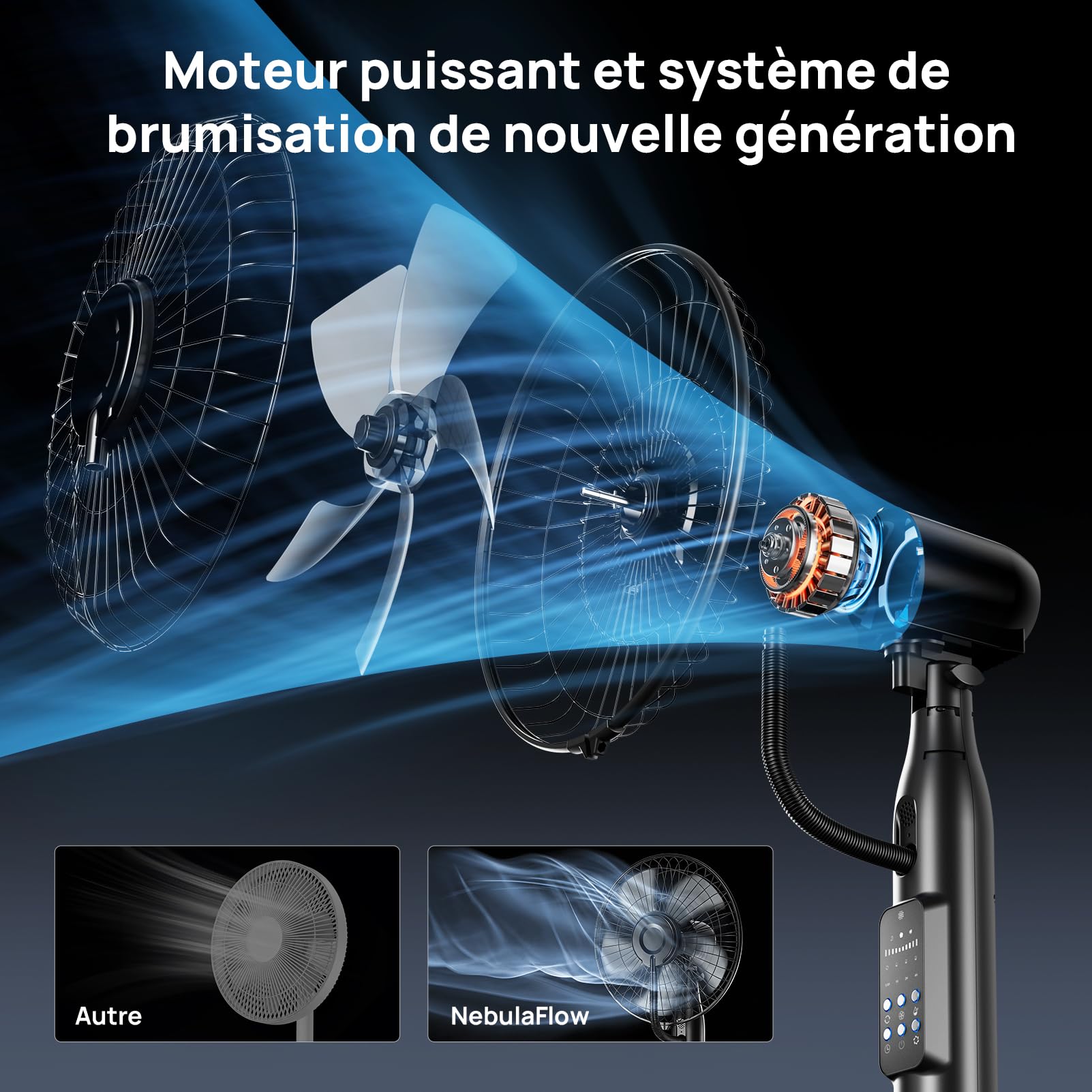 NebulaFlow Ventilateur Brumisateur, 2026 Amélioré Réservoir 4L, 7,5H Ventilateur sur pied, Minuterie, 5 vitesses 3 modes, Ventilateur oscillant avec télécommande pour maison, chambre, bureau, terrasse