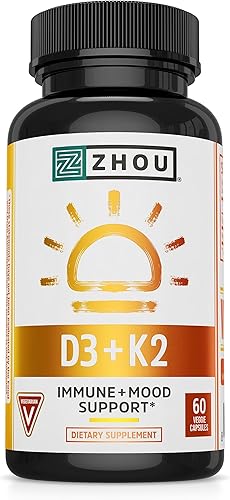 Miniatura 2 de Zhou Nutrition Vitamina D3 K2, fórmula de salud ósea y cardíaca 5000 UI Vitamina D3 y 90 mcg Vitamina K2 y Zhou Neuro Peak Suplemento de apoyo