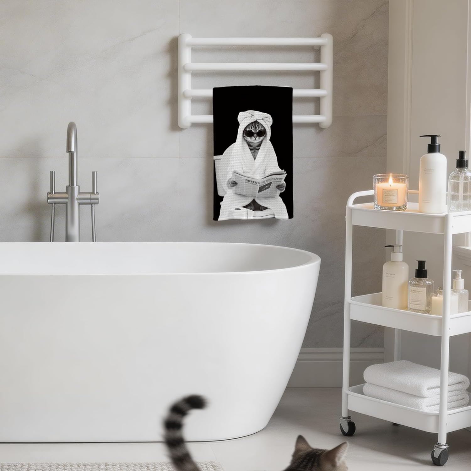 Black and White Cat Bathroom Hand Towels, Cat Bathroom Decor, Pet Lover Gifts, Funny Bathrobe Tabby Cats Decorative Hand Towels for Bath Room Washroom, 16x24 Inch Set of 4