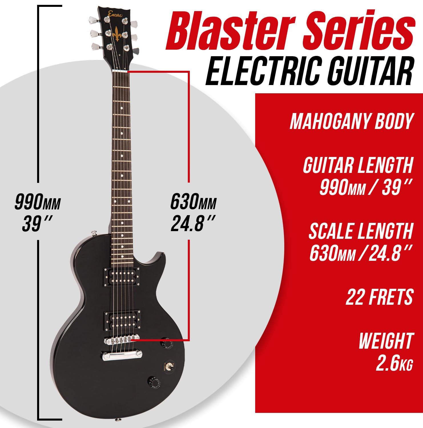 Encore Chitarra elettrica Blaster E90 - Nero lucido | Corpo e manico in mogano | Pickup a doppia bobina | Lezioni online incluse | Chitarra elettrica perfetta per principianti