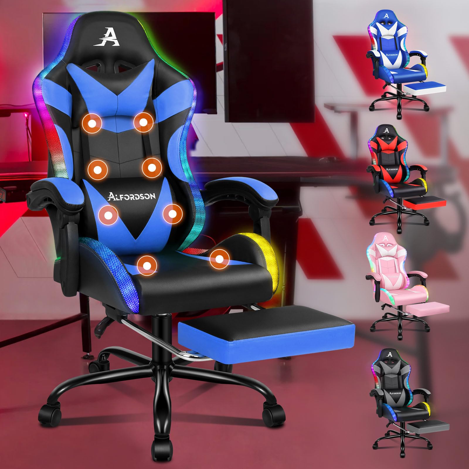 ALFORDSON Sedia Gaming con Massaggiante e Luci LED,Sedia Ergonomica Gamer per Scrivania,Poltrona Regolabile in Altezza con Supporto Lombare Poggiatesta,Schienale Regolabile 90-150°, Similpelle(Blu)