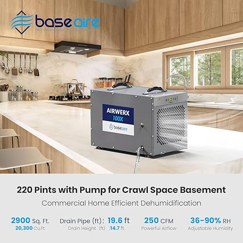 Miniatura 3 de BaseAire - Deshumidificadores de 220 pintas con bomba y manguera de drenaje, deshumidificador comercial para el hogar, garaje y sótano, gran