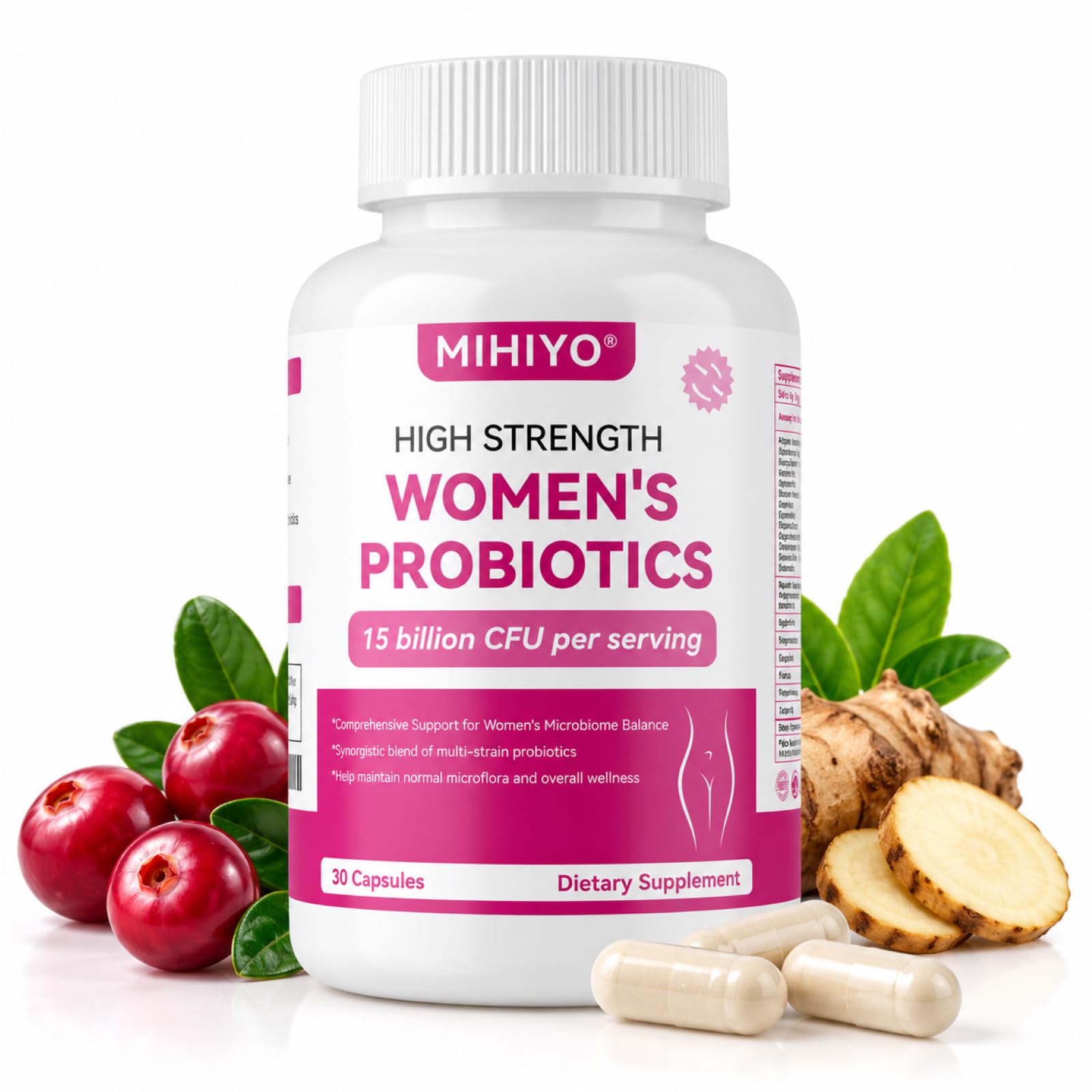 Women's Probiotics 15 Billion CFU, 14 Strains, Daily Probiotic Supplement for Women with Cranberry, D-Mannose, Prebiotics & Ashwagandha, 30 Capsules
