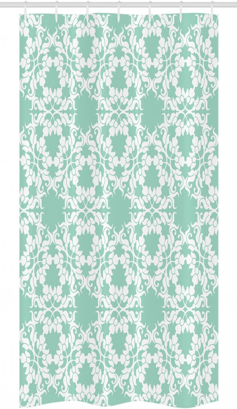 Ambesonne Turquoise Stall Shower Curtain, Floral Ornamental Damask Cercle Curl Pattern Vintage Victorian Design Print, Fabric Bathroom Decor Set with Hooks, 36" W x 72" L, Sea Green White