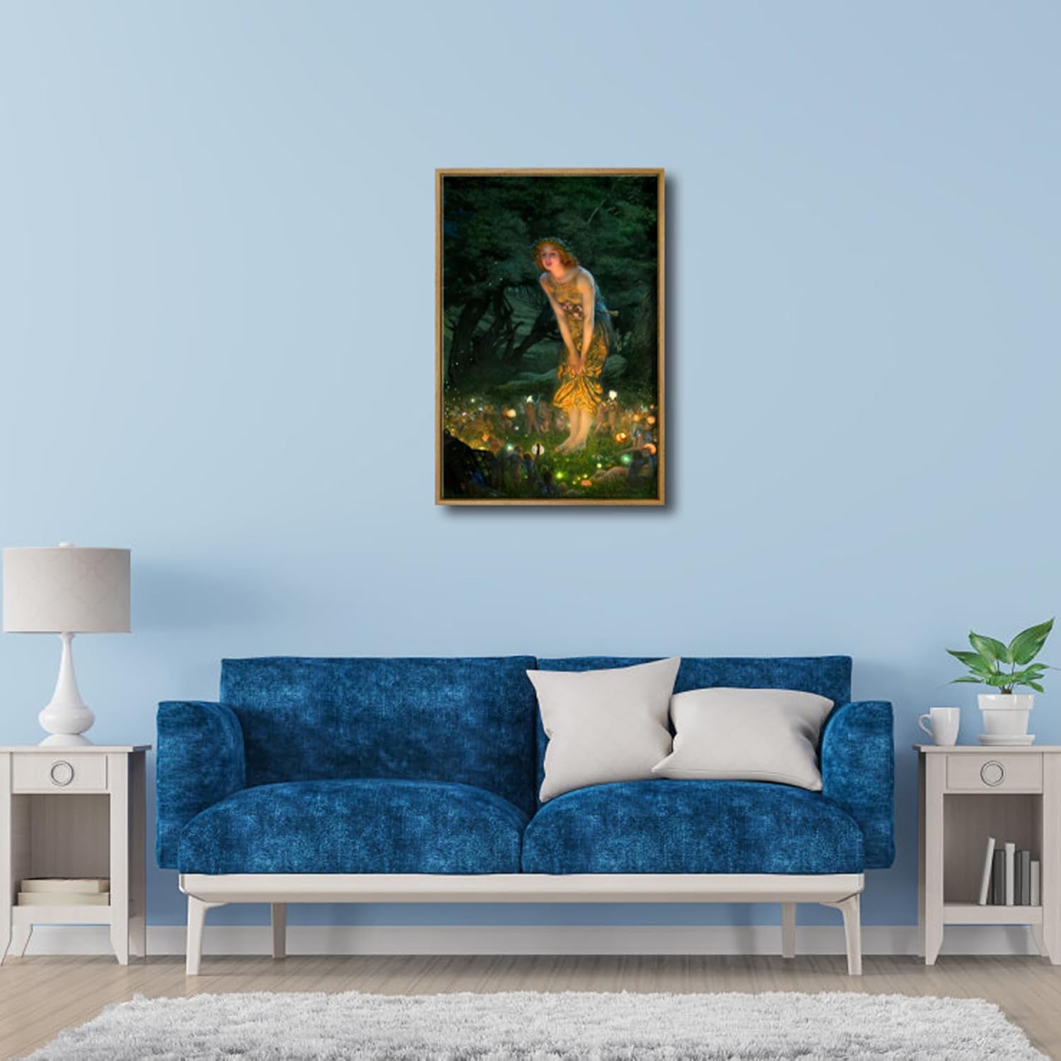 Wieco Art Framed Canvas Wall Art Fairy Tale Midsummer Eve with A Girl and Elves by Edward Robert Hughe Neoclassical Art Nouveau Print Picture for Living Room Home Decorations
