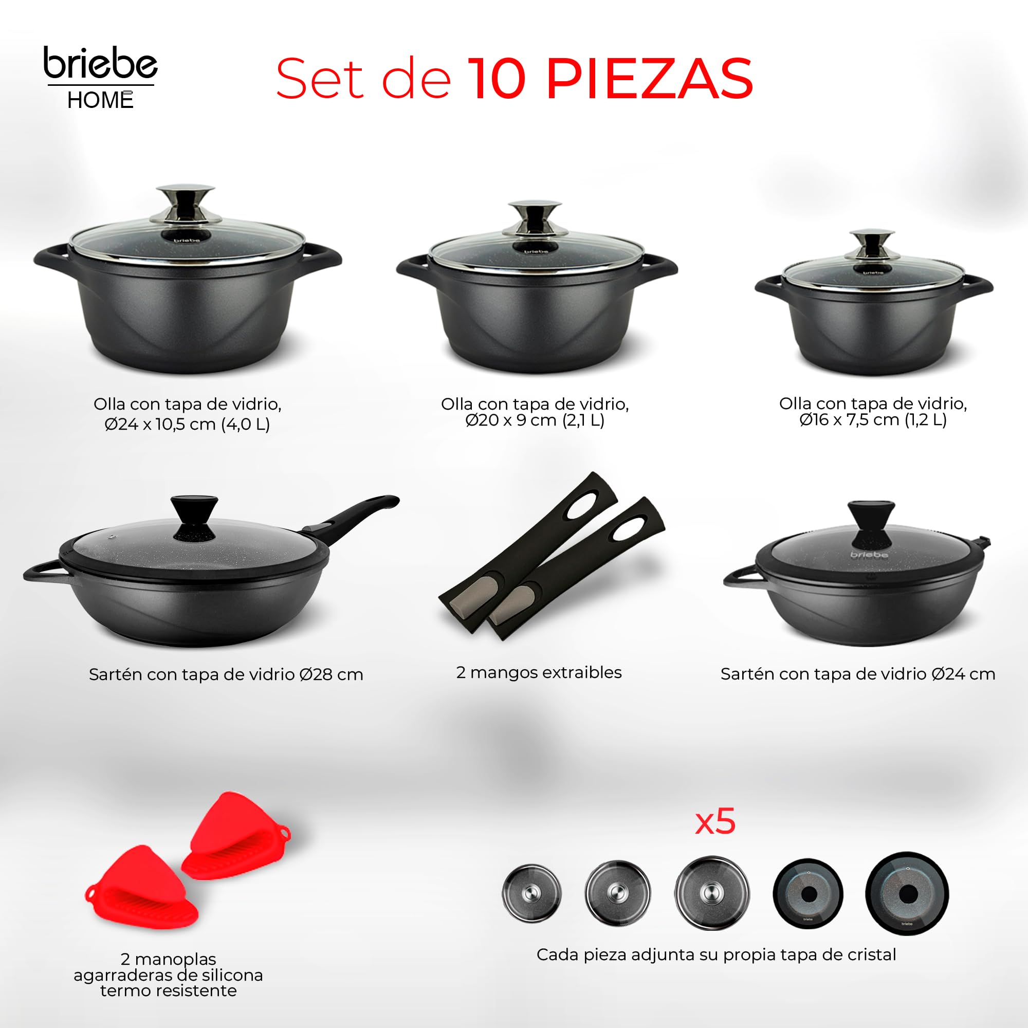 briebe Batería Cocina Inducción 10 Piezas, Juego 3 Ollas Aluminio Fundido + 2 Sartenes, Antiadherente ILAG GRANITEC sin PFOA, Set Cazuelas Tapas Cristal, Guantes Silicona, Vitrocerámica, Gas, Horno