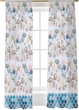 Ocean Starfish Seashell Beach Sheer Curtains 84 Inch Length 2 Panels Set, Coastal Nautical Fish Scale Semi Transparent Voile Rod Pocket Curtains for Living Dining Room Bedroom Drapes 52x84x2