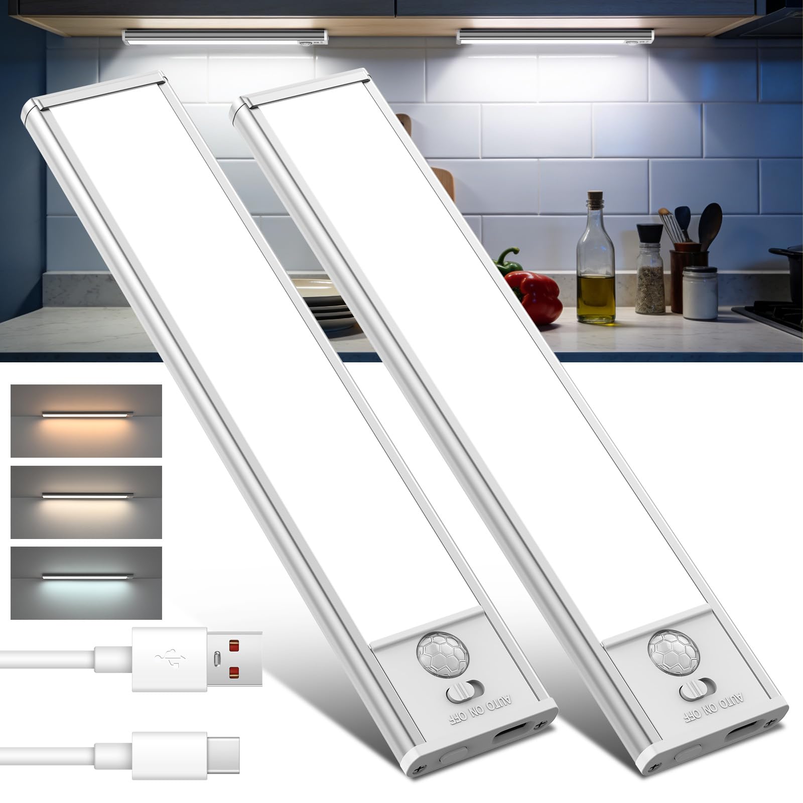 2-Pack Motion Sensor Lights Indoor, Rechargeable Under Cabinet Kitchen Lights, Wireless LED Wardrobe Light with Magnetic Strip, Stick on Cupboard Lights for Stairs, Pantry, Hallway, Cool White
