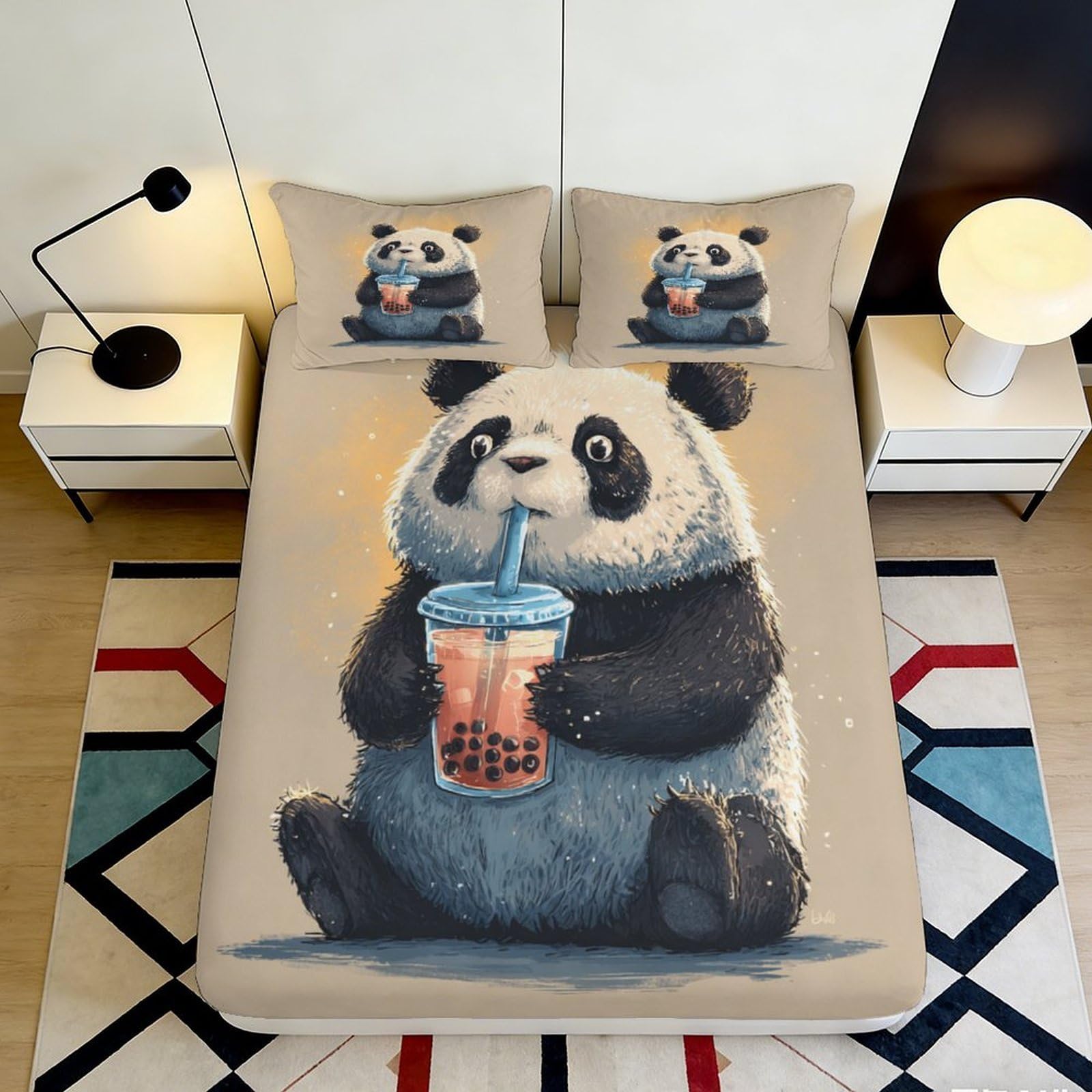 3D Printed Bubble Tea Panda Fitted Sheet Microfiber Soft Non-Slip Bed Cover for Bedroom Dorm Mattress Decor 90x200x25cm
