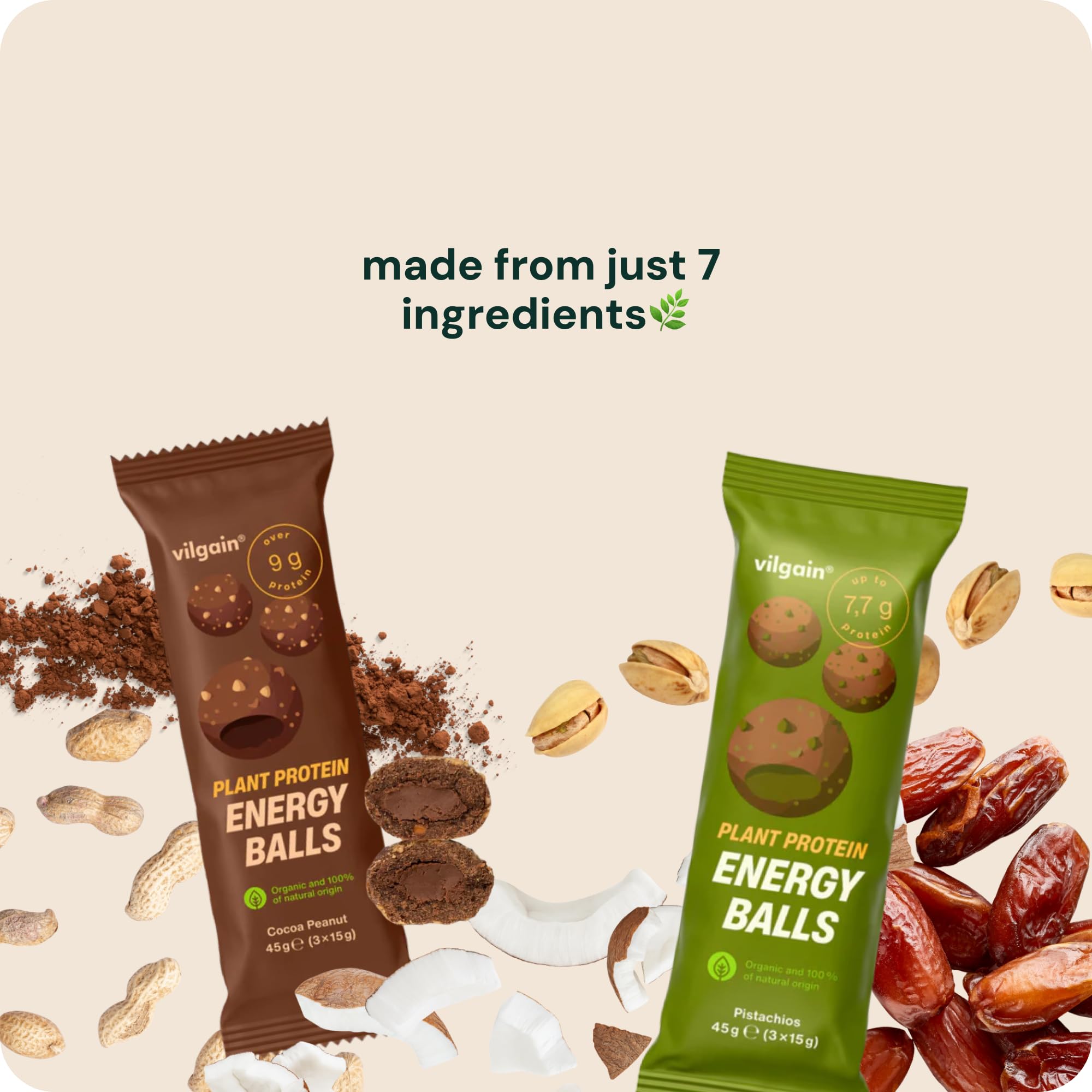 Vilgain Organic Plant Protein Energy Balls (15x45g) Pistazie – Bio Protein Snacks mit Datteln, Veganer Energie Snack ohne Zuckerzusatz, Glutenfrei & Reich an Ballaststoffen, 15 Stück á 45 g