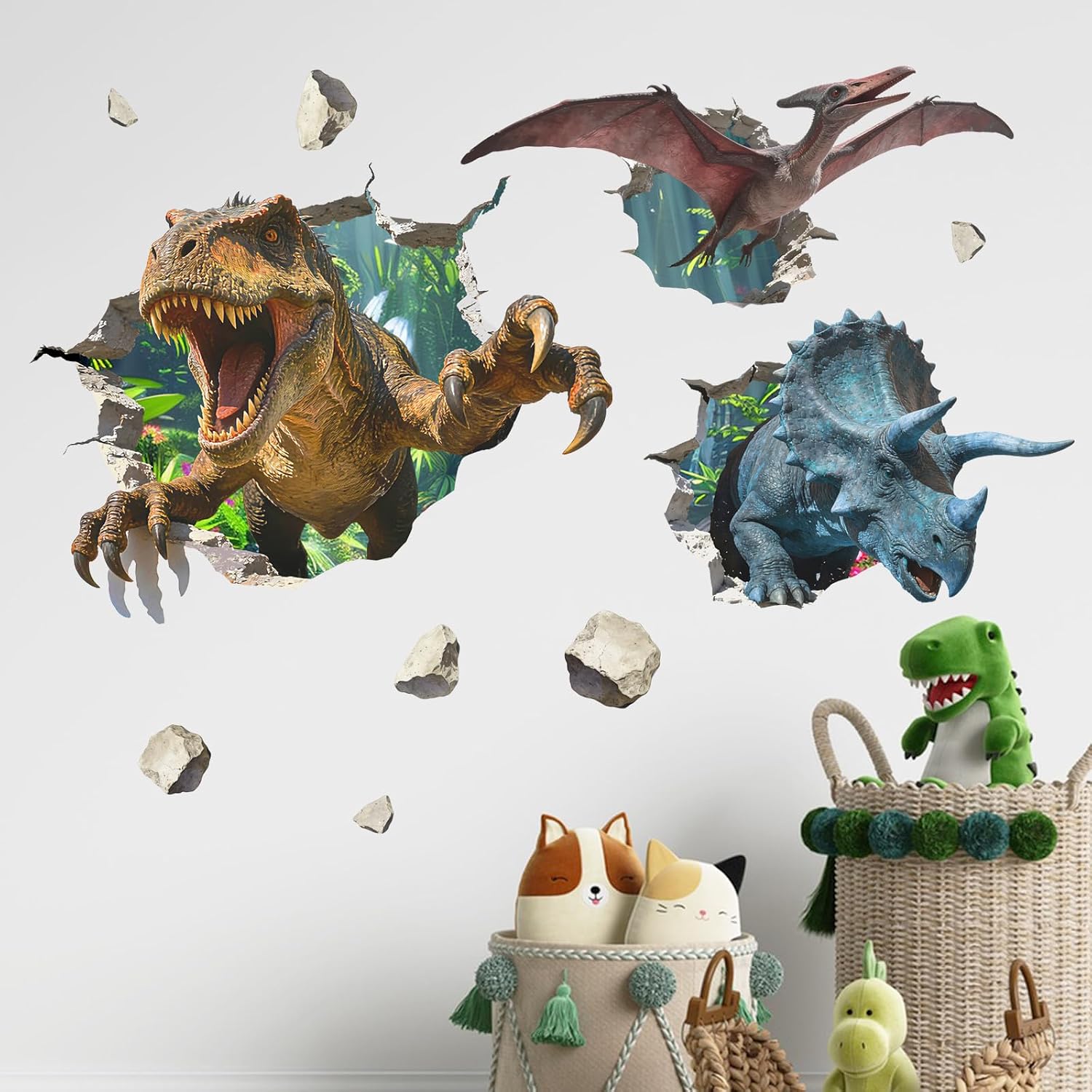 Mfault 3D Dinosaur Break Through Wall Decals Stickers, Dino Tyrannosaurus Triceratops Pterosaur Nursery Decorations Boys Bedroom Art, Tropical Jungle Rock Toddler Baby Kids Room Playroom Decor