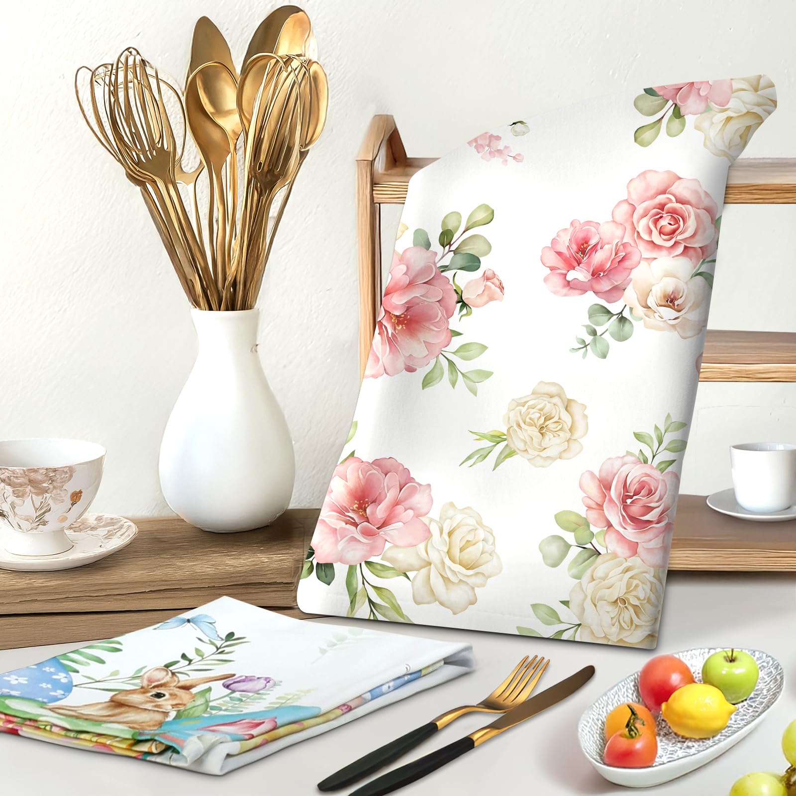 Set 4 Strofinacci Da Cucina Fiore Acquerello - Cotone 100%, 48x70 Cm, Motivi Farfalle - Super Assorbenti E Decorativi - Foto 3