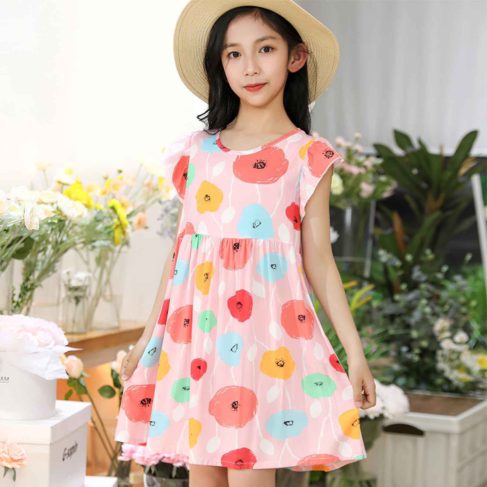 amropi Lot de 3 Robe Fille Fleurs Imprimée Coton Manches Volantes Casual Été Robe pour 1-12 Ans