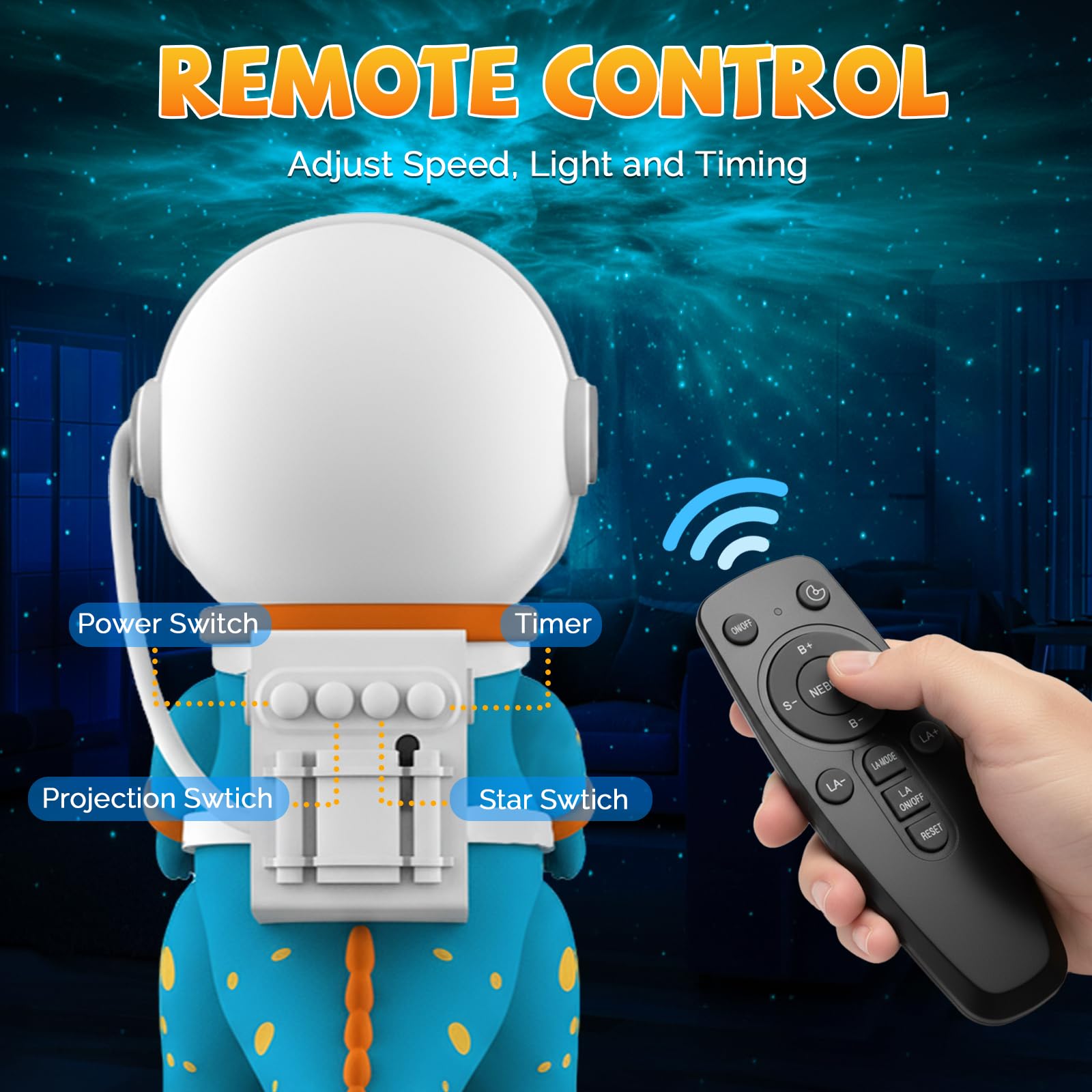 ZONSUSE Projecteur Ciel Etoile Dinosaure Astronaute, Veilleuse Galaxy avec 8 Modes, Rotation 360°, Télécommande & Minuteur, Lampe Ambiance Chambre pour Enfants, Adultes, Fêtes & Cadeaux (Bleu)