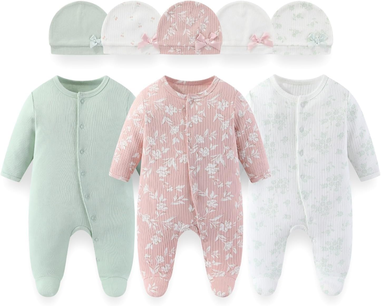 BABYSOLIS 8 Pack Unisex Baby Boy Girl Footed One-piece Outfit Infant Hats 0-12months Comfort New Born Romper Clothes