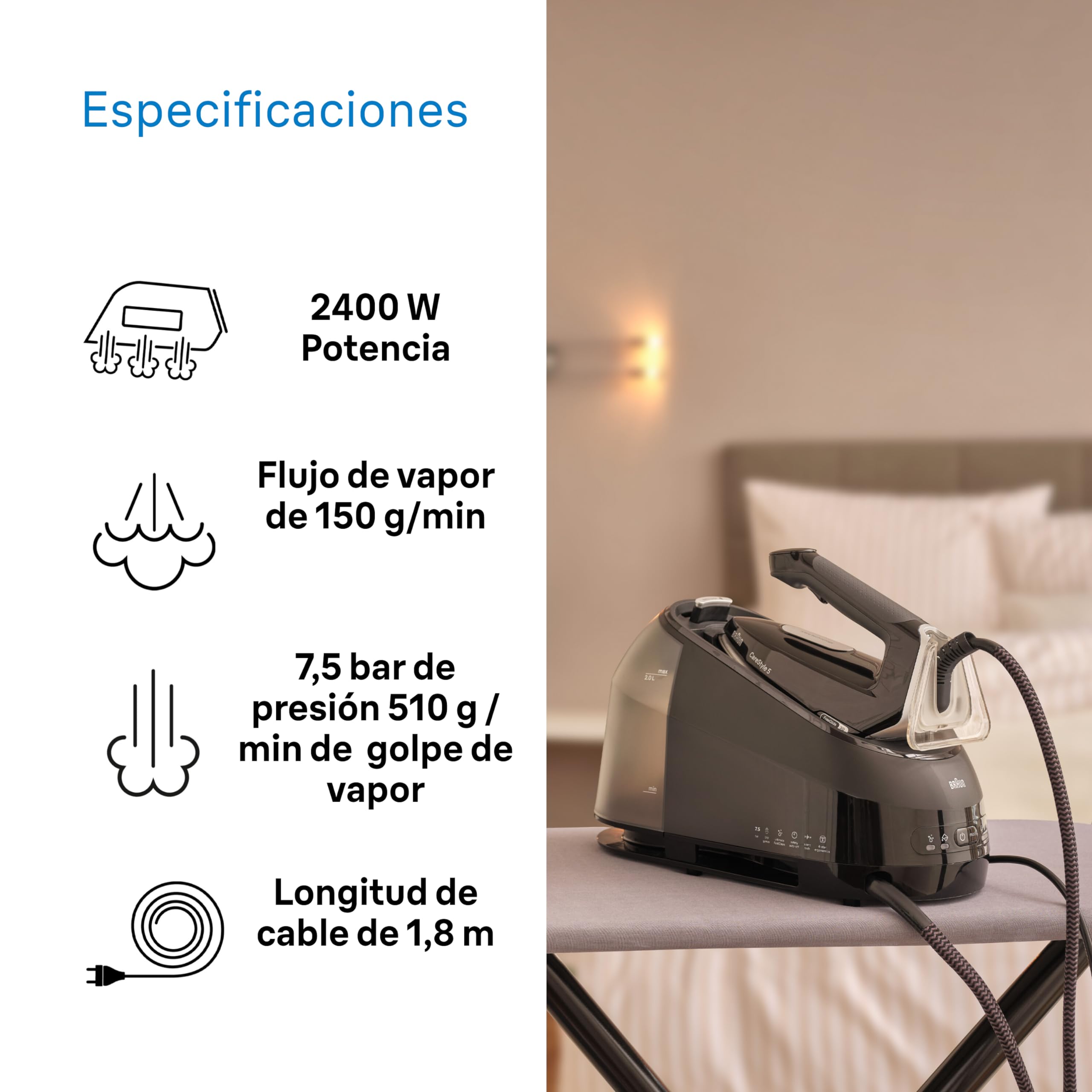 Braun CareStyle 5 IS5249BK, Plancha de Vapor con Tecnología FreeGlide 3D, 150 g/min de Vapor, Calentamiento Rápido, iCareMode, Planchado Vertical, Anti Goteo, Tanque Agua Desmontable 2L, 2400W, Negro