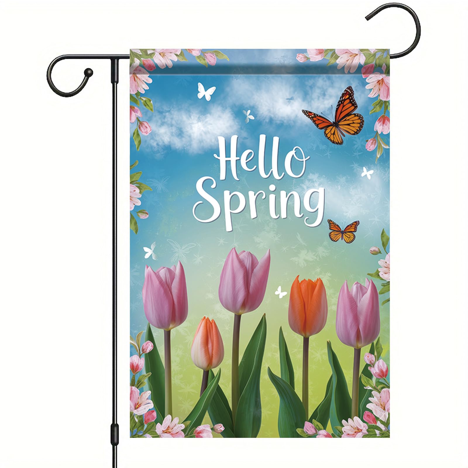Starlit Patio Welcome Spring Garden Flag 12x18 Double Sided Small Butterflies Tulip Floral Flower Garden Flag House Outside Spring Summer Decoration Seasonal Flower Yard Outdoor Flag