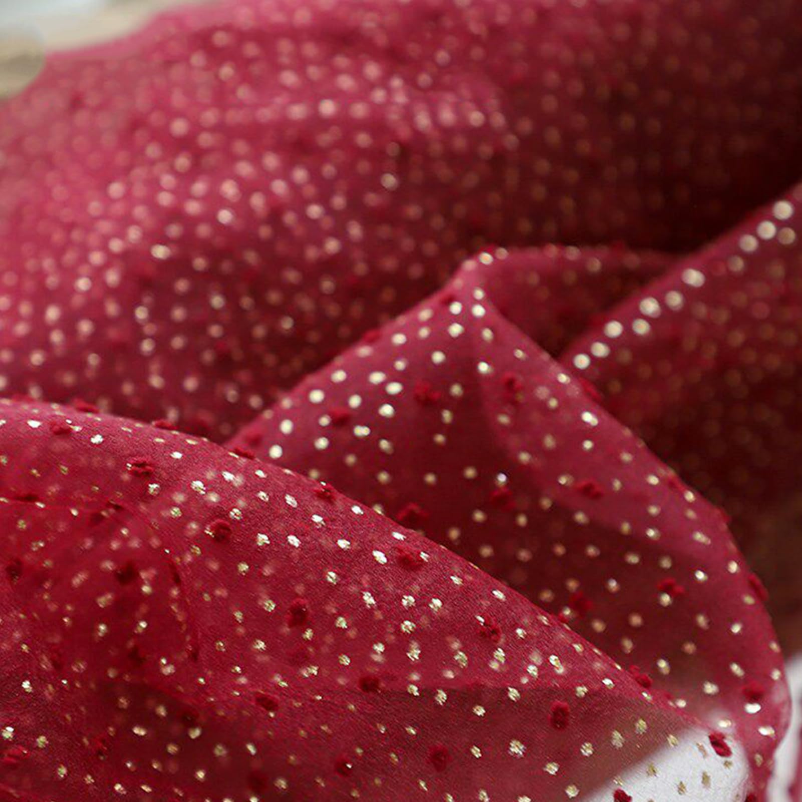 Dxcaicc Tulle Mesh Fabric Fine Velvety Texture Polka Dots Pattern 150X100cm Summer Romantic Soft Gauze Cloth Ideal for Clothing Display Decor,Burgundy (Gold Glitter)