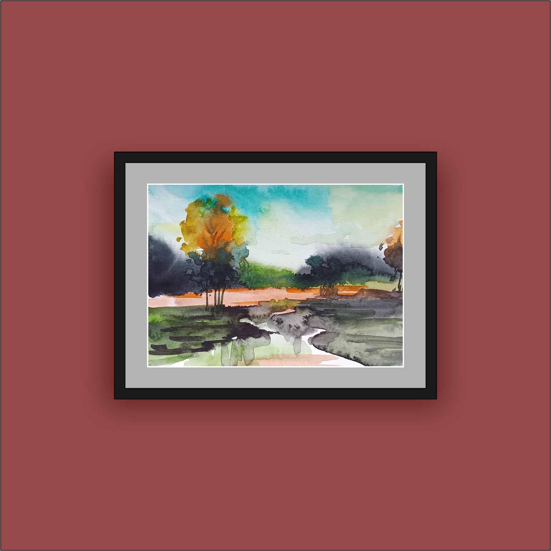 Original Watercolour Mountain Landscape Painting on Handmade Paper, Sunset Peak Panorama, 28.x33 cm, Contemporary Wall Art with Black Frame