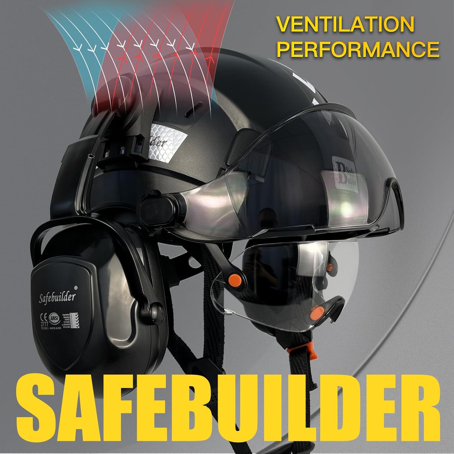 Safety Helmet with Visor Ear Muffs Work at Hight Carbon Fiber Abs Hard Hats for Industrial Construction Head Protection ANSI Z89.1 Approved（Black Hard Hat+Clear&Tinted Visor+B07 Ear Muffs）