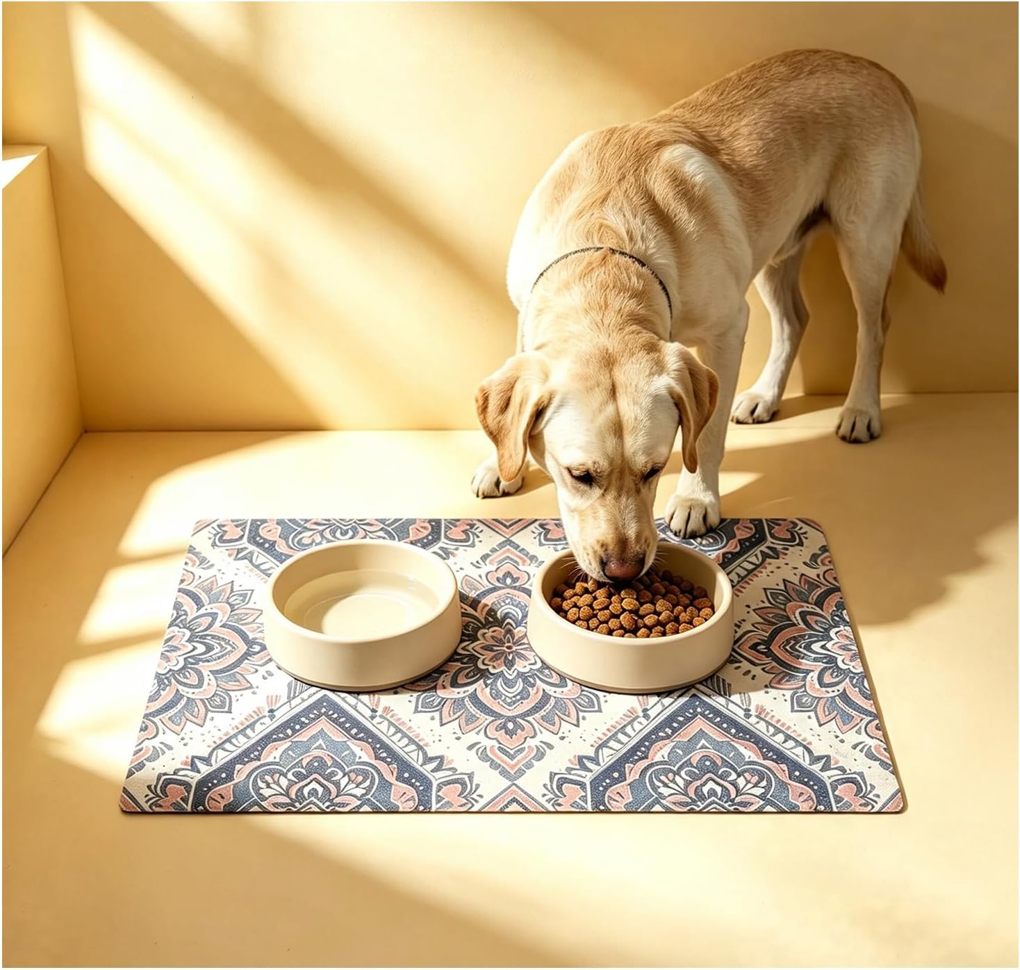 Pet Food Mat, Dog Absorbent Placemat for Food and Water Dispenser (Blue, L) | Boho Style Floors Cat Mats, Dog Food Mat Quick Dry Cat Food Mat Pet Supplies, for Use Indoor Outdoor Patio Floor Rugs